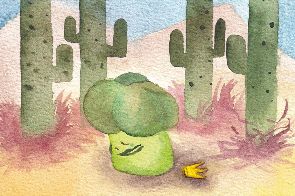 crying broccoli prince with cactus in desert